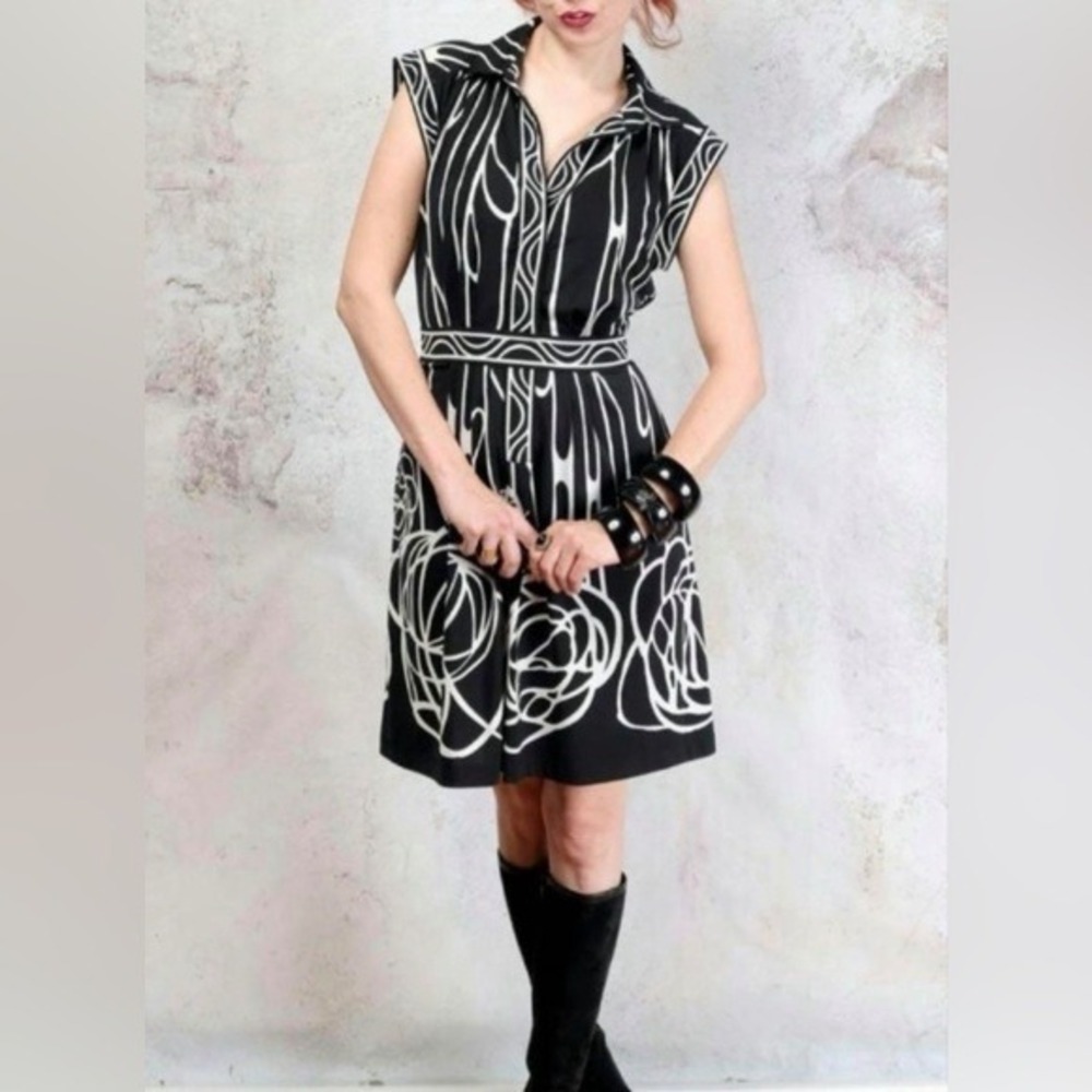 BCBGMAXAZRIA Black White Abstract Floral Sleeveless Collared Shirt Dress Medium
